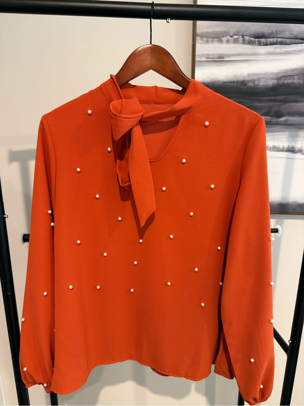 SHEIN Rust Orange Pearl-Accent Tie-Neck Blouse